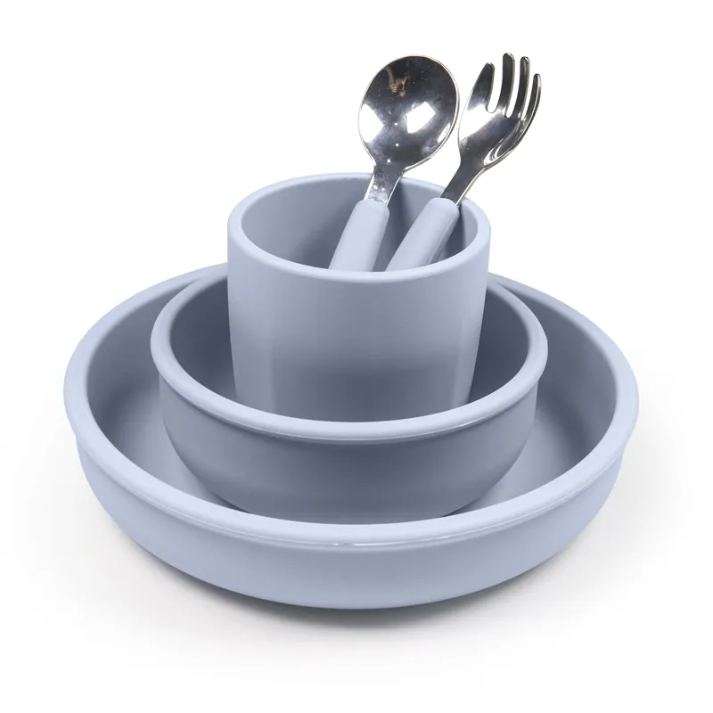 도매 북유럽 심플 실리카 겔 식기 세트 실리콘 플레이트 보조 식품 그릇 어린이 포크 스푼 플레이트 5pcs