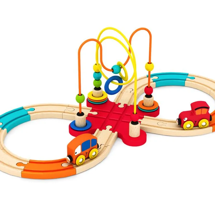 Giocattoli educativi in legno colorati set di binari ferroviari con labirinto di perline