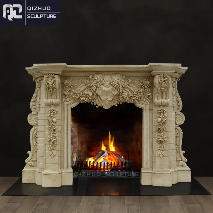 Wholesale Factory Professional Carved Western Style Interior Decor Beige Marble Fireplace Mantel With Detailed Flower