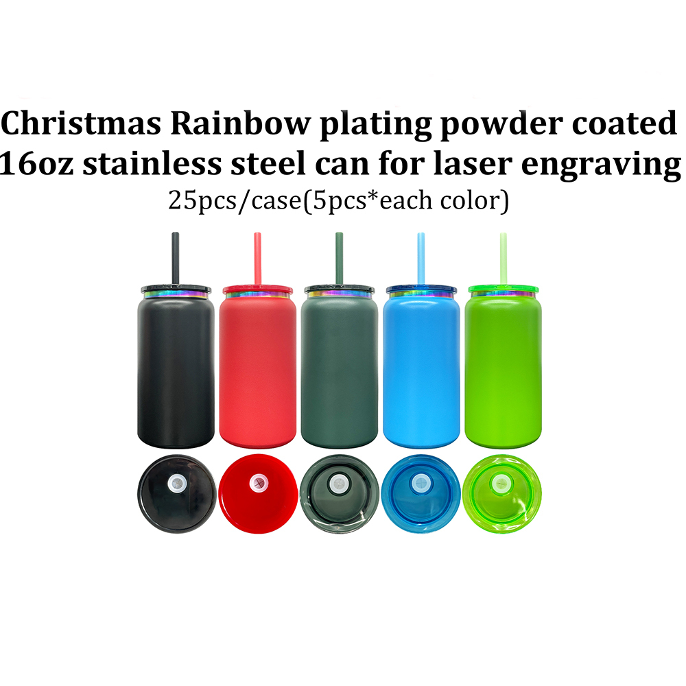 Canette en acier inoxydable 16oz avec placage arc-en-ciel de Noël
