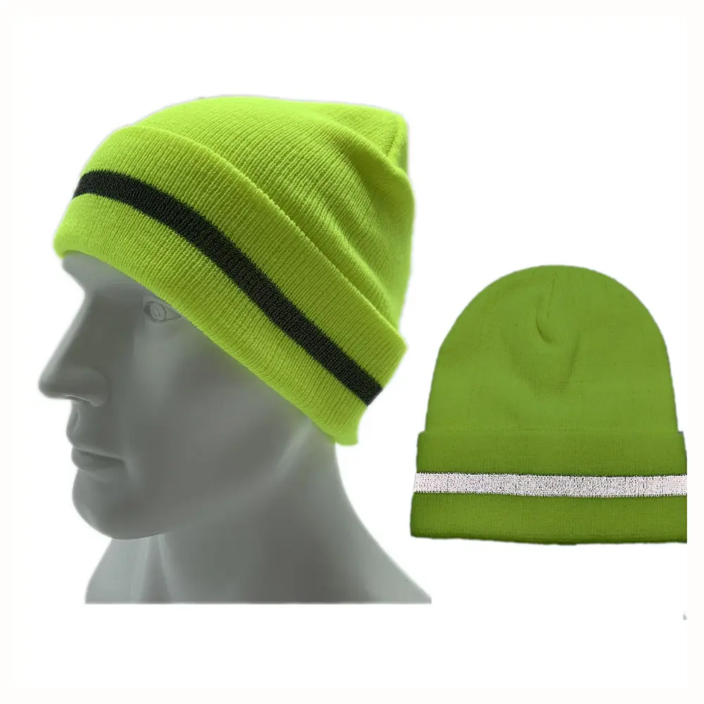 En471 Hi Vis Kleidung fluor zierende gelbe Strick mütze Hüte Warn schutz Arbeits kleidung 100% Acryl Reflective Winter Black Tuque