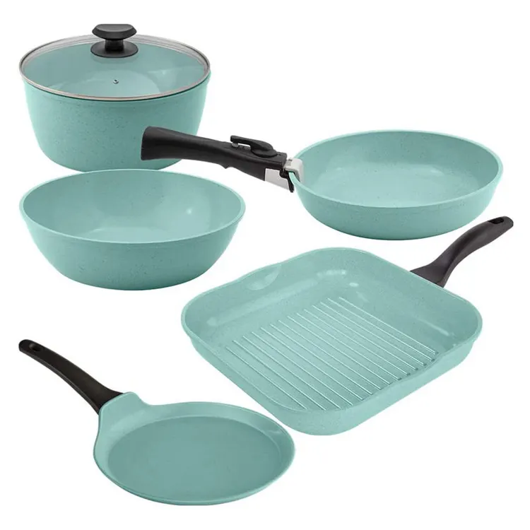 Juego de sartenes antiadherentes de aluminio para cocina, utensilios de cocina para freír, con recubrimiento, embalaje OEM, mango desmontable, color jade