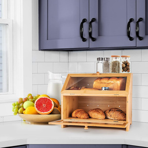 <strong>Direct</strong> Factory Modern Double Layer Bamboo Bread Box with Clear Windows for Kitchen Food Storage Wooden Bread <strong>Bin</strong> - Product Image 2
