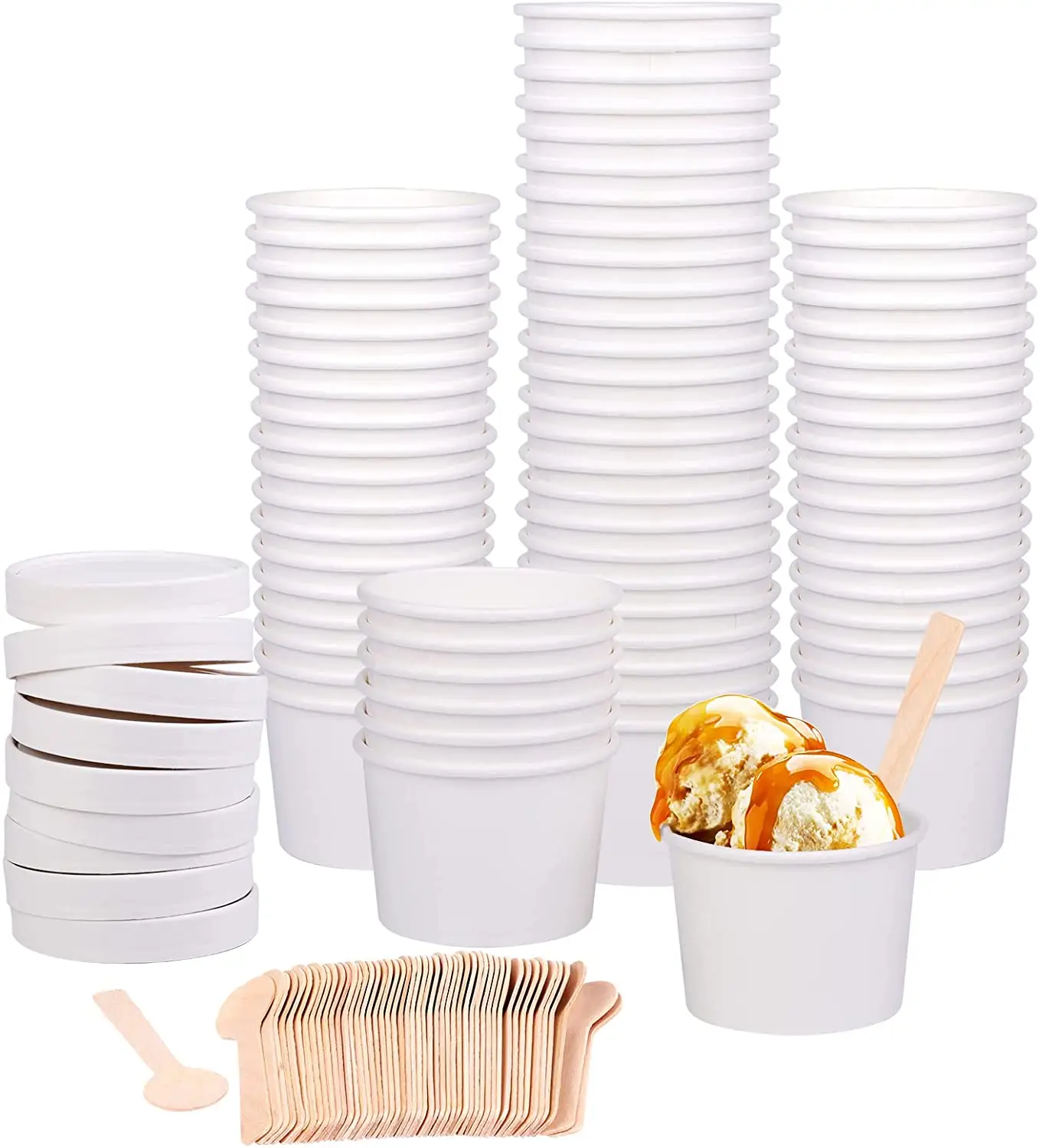 Taza de papel desechable para helados, vaso de papel blanco con tapa, logotipo del cliente, con cuchara, suministro de fábrica, 3oz