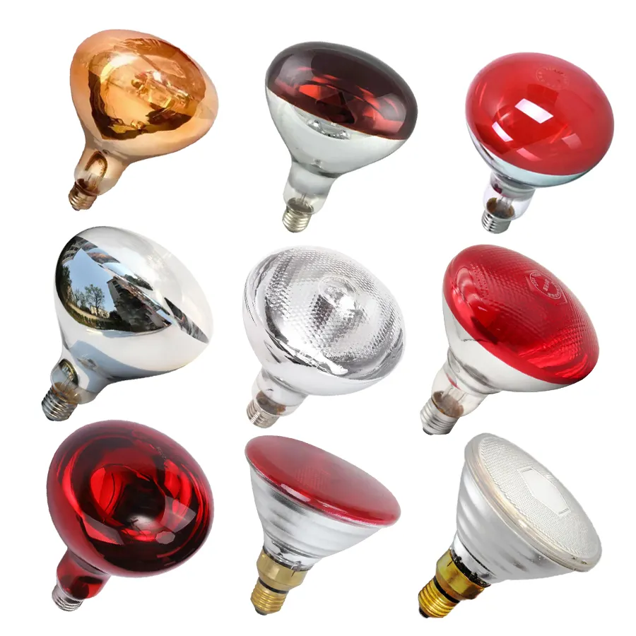 무료 샘플 100w 150w 250w 병아리 폴티 할로겐 열 전구 욕실 히터 램프 레드 라이트 치료 적외선 가열 램프