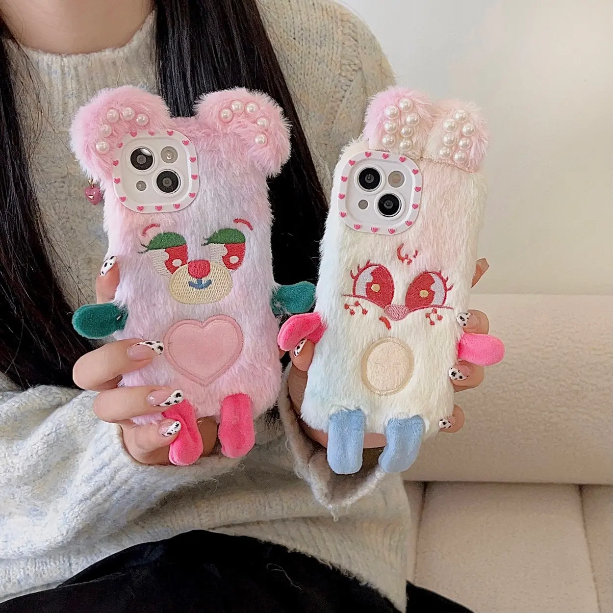 Zachte Bumper Schokbestendige Hoezen Voor Iphone 15 14 13 12 11 3d Cartoon Fuzzy Winter Beschermhoes Voor Dames Meisjes