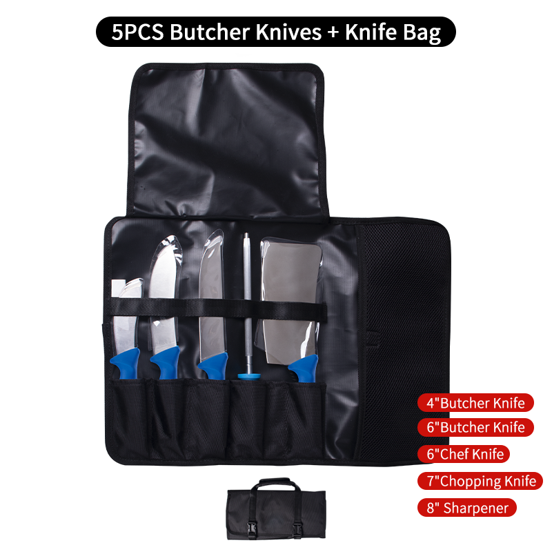 5 Couteaux de Boucher + Sac à Couteaux