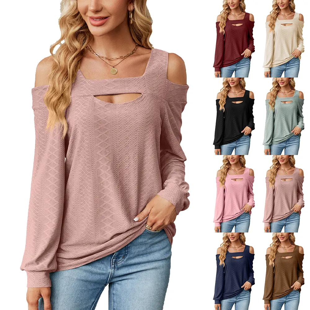 Groothandel Private Label Hoge Kwaliteit Womens Fall T-Shirts Geklede Vierkante Hals Lange Mouw Casual Oogje Off Shoulder Blouses Tops