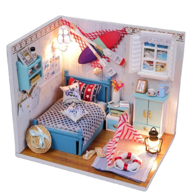 Hongda kaynağı moda Diy bebek evleri ahşap oyuncak evleri toptan ahşap bulmaca mobilya Mini Diy ev yatak odası modeli