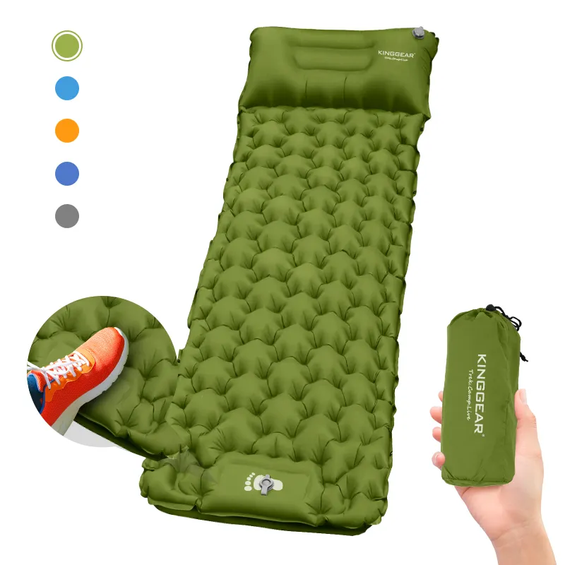 Kinggear Compacte Ultralichte Tpu Opblaasbare Camping Slaapkussen Met Ingebouwde Voetpomp Luchtmatras Camping Slaapmat