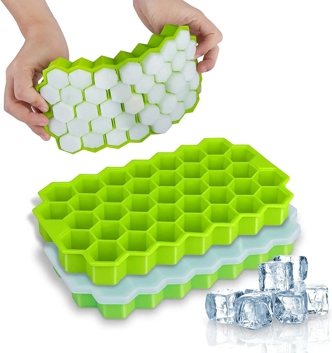 Vassoi per cubetti di ghiaccio in silicone da 2 pezzi di vendita caldi con coperchio 74-vassoi per ghiaccio stampi flessibili per cubetti di ghiaccio per refrigerati