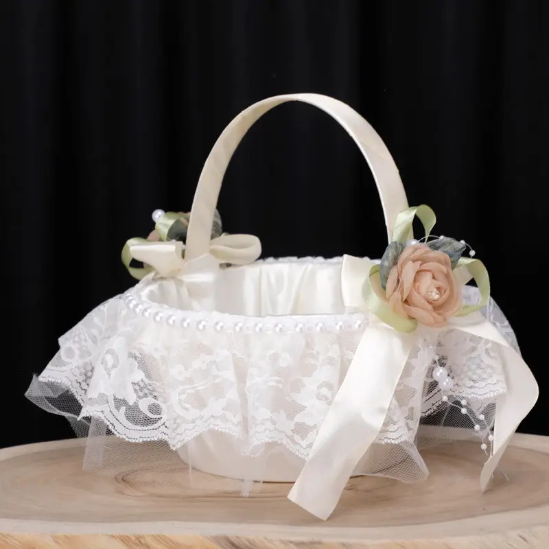 Cesta de boda, lazo de perlas, decoración de flores, encaje de encaje, cesta de flores pequeñas, flores de dispersión de boda para boda