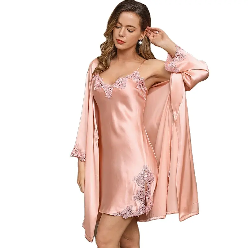 Popular malla de encaje ropa de dormir agradable a la piel Kimono liso mujeres Sexy bata de baño pijama traje