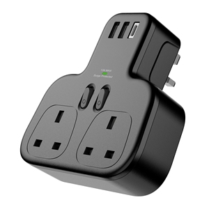 Adaptador de plugue duplo com USB C, Adaptador de carregador de parede de 2 vias, 13A UK 3 pinos soquete para quarto