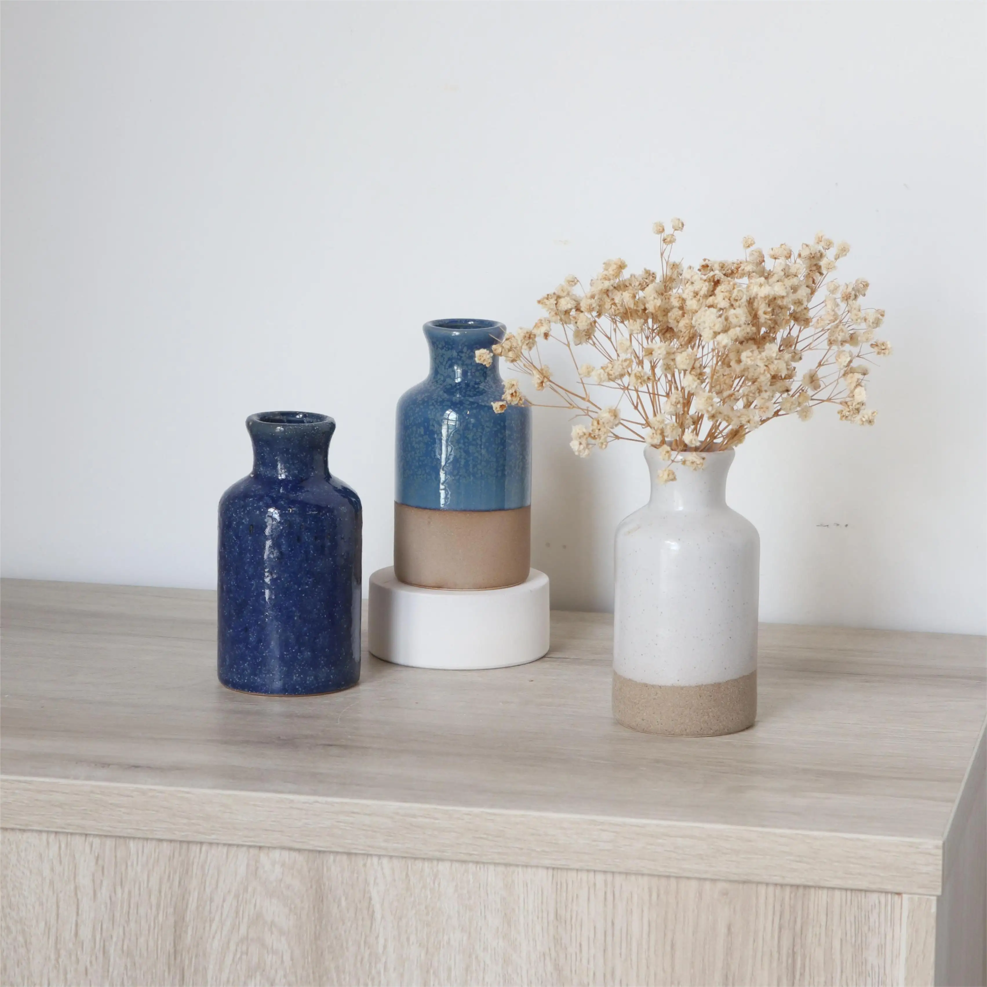 Décoration moderne petit Vase réactif bleu marine/blanc et sable vitré céramique poterie Vases à fleurs pour bibliothèque