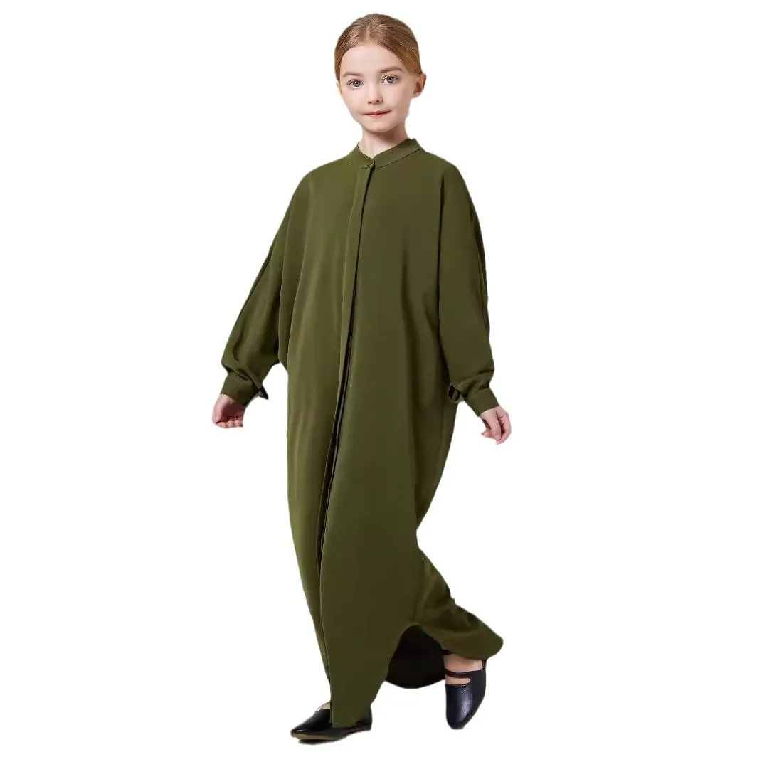 Enfants Abaya Ramadan Kebaya Moyen-Orient Musulman Fille Couleur Solide Petit Col Debout Bouton Abaya Robe