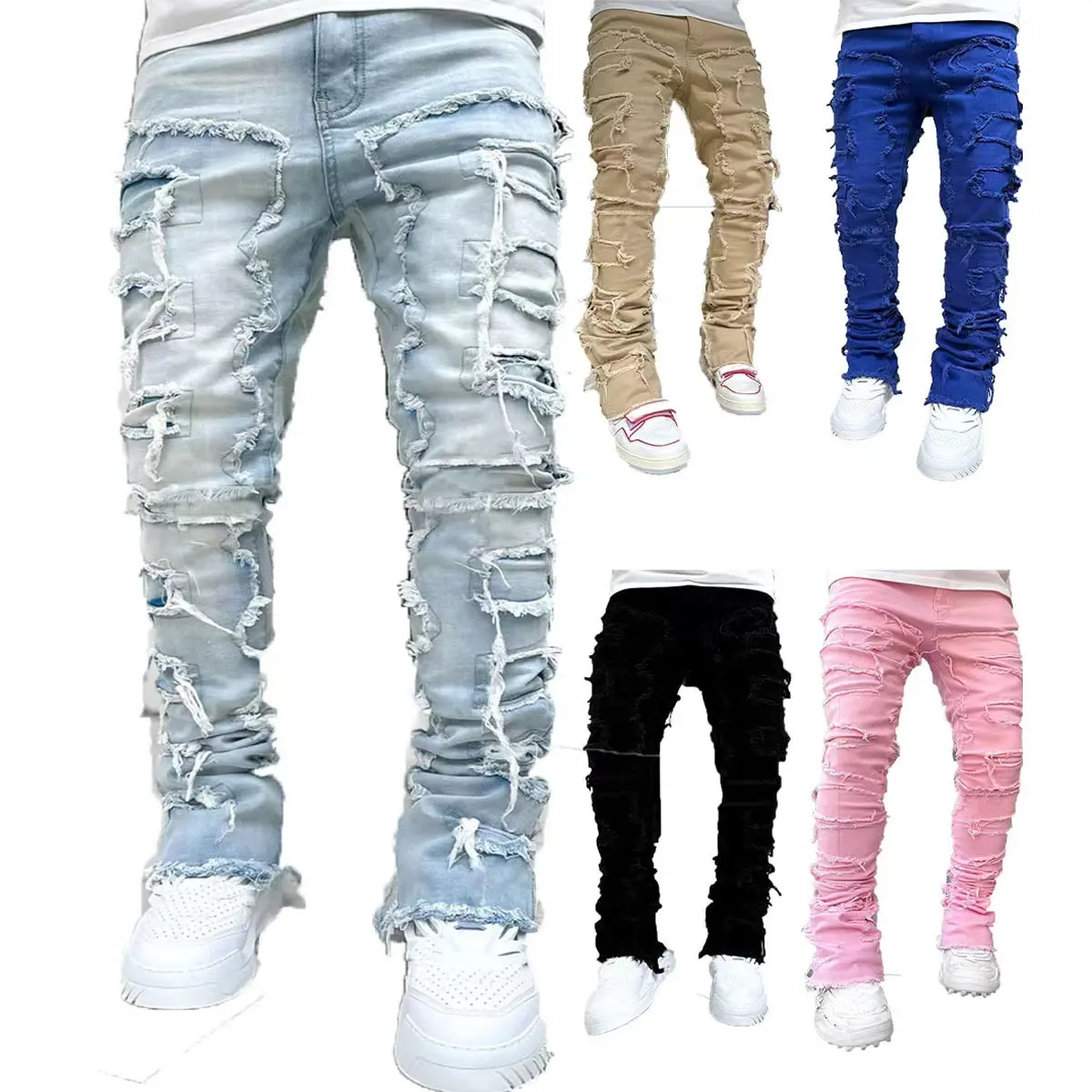 Popular street fashion men pants slim fit men's cargo pant elastic tassel patch denim straight leg pants