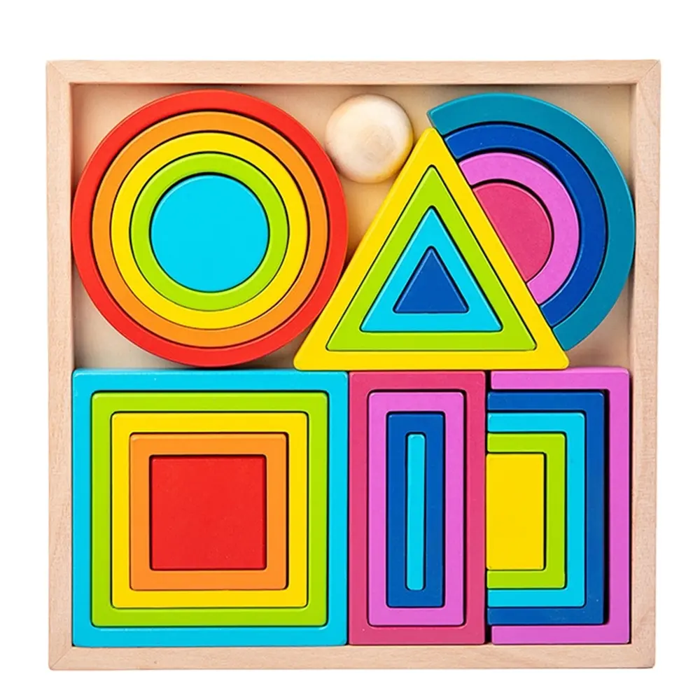 Geometric Figure Wooden Stacking Toy Preschool Learning Wooden Puzzle Toy Educational Stacking Toy With Rainbow Color