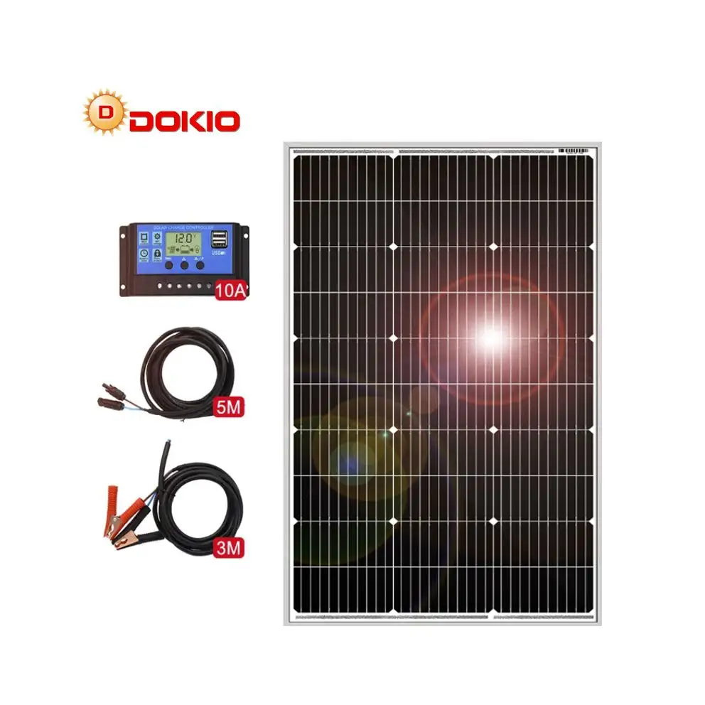 Sistema de panel solar rígido DOKIO 18V 100W, kit de panel solar resistente al agua de silicona mono de 18V, carga de 12V, para camping/hogar/RV, a prueba de agua