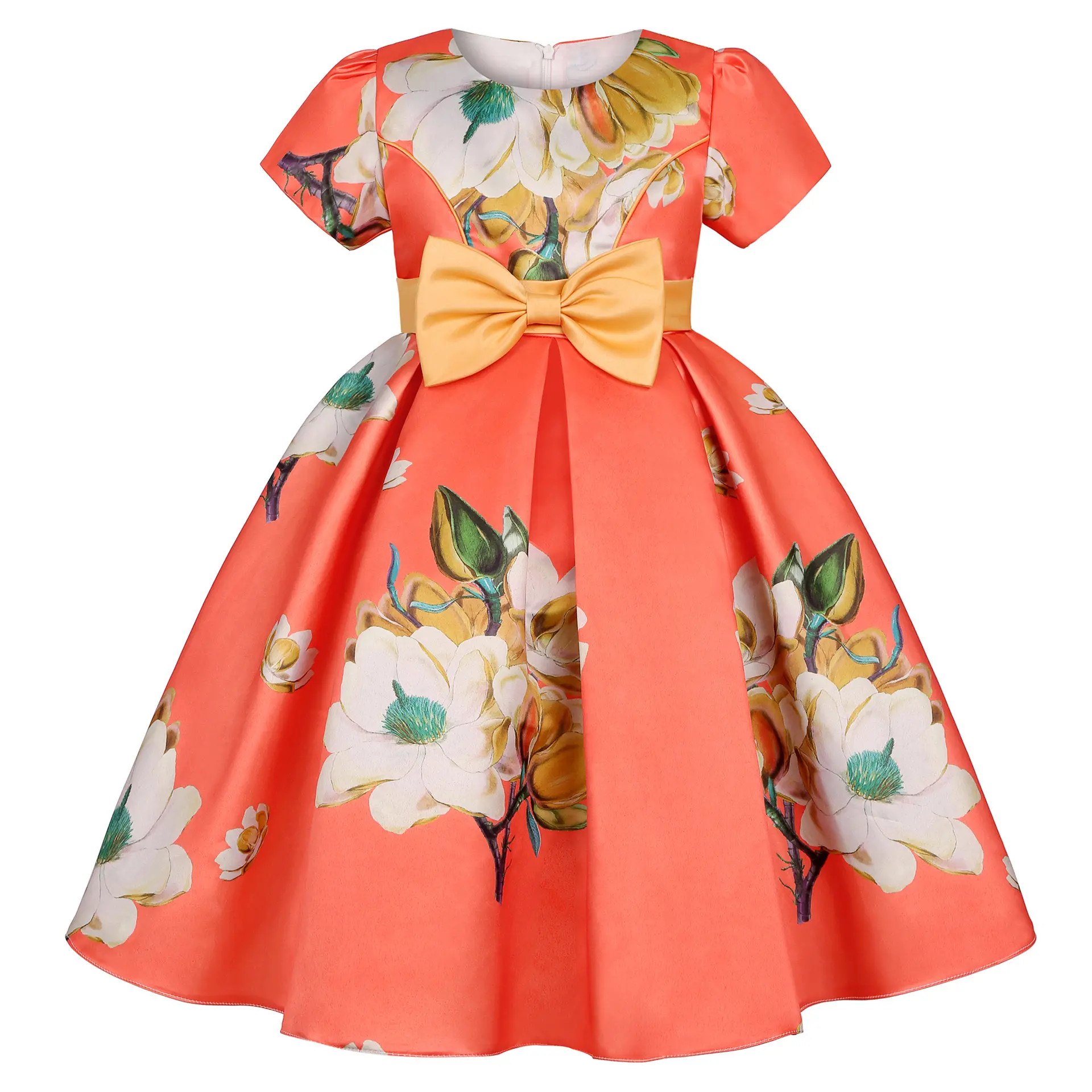 2023 New Fashion Children's Retro Print Bow Puffy Dress Performance Girl Dress