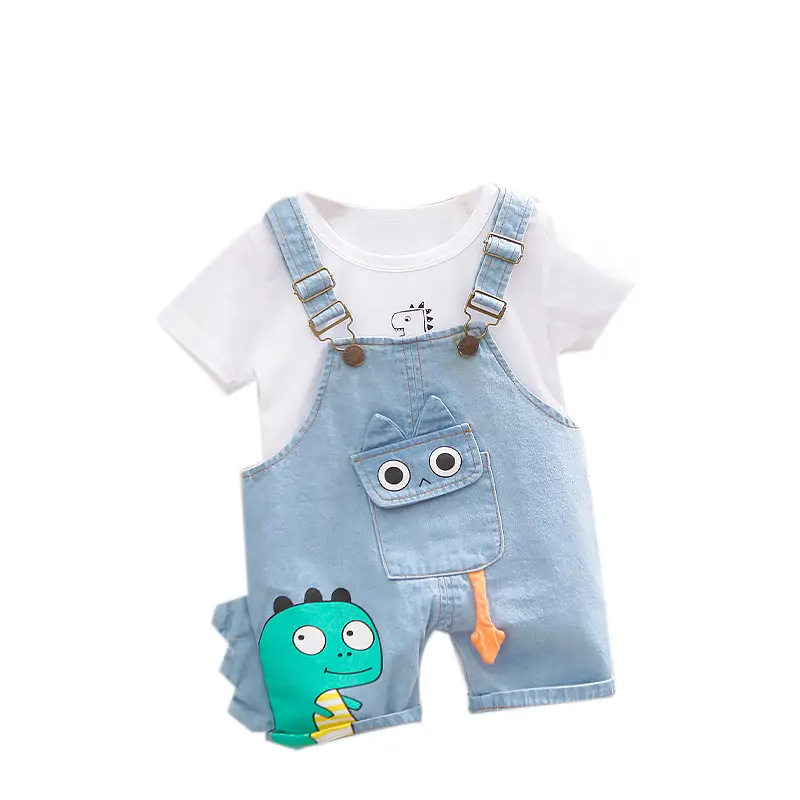 Pakaian kasual anak-anak musim panas setelan anak-anak 1-4 tahun anak laki-laki saku kartun dinosaurus lengan pendek baju denim