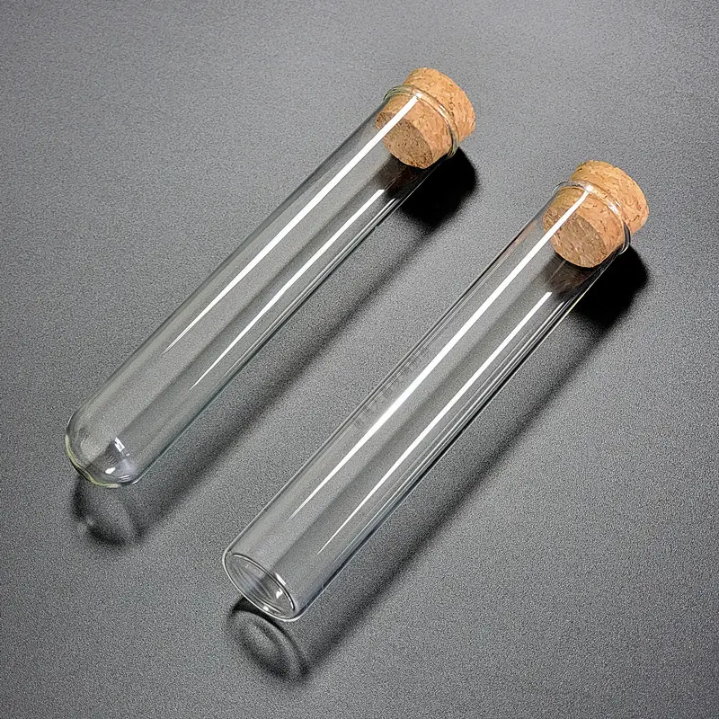 Tubo de borosilicato farmacéutico de fondo redondo de fondo plano personalizable, cilindro de tubo de vidrio con tapa, botella de tubo de ensayo con corcho