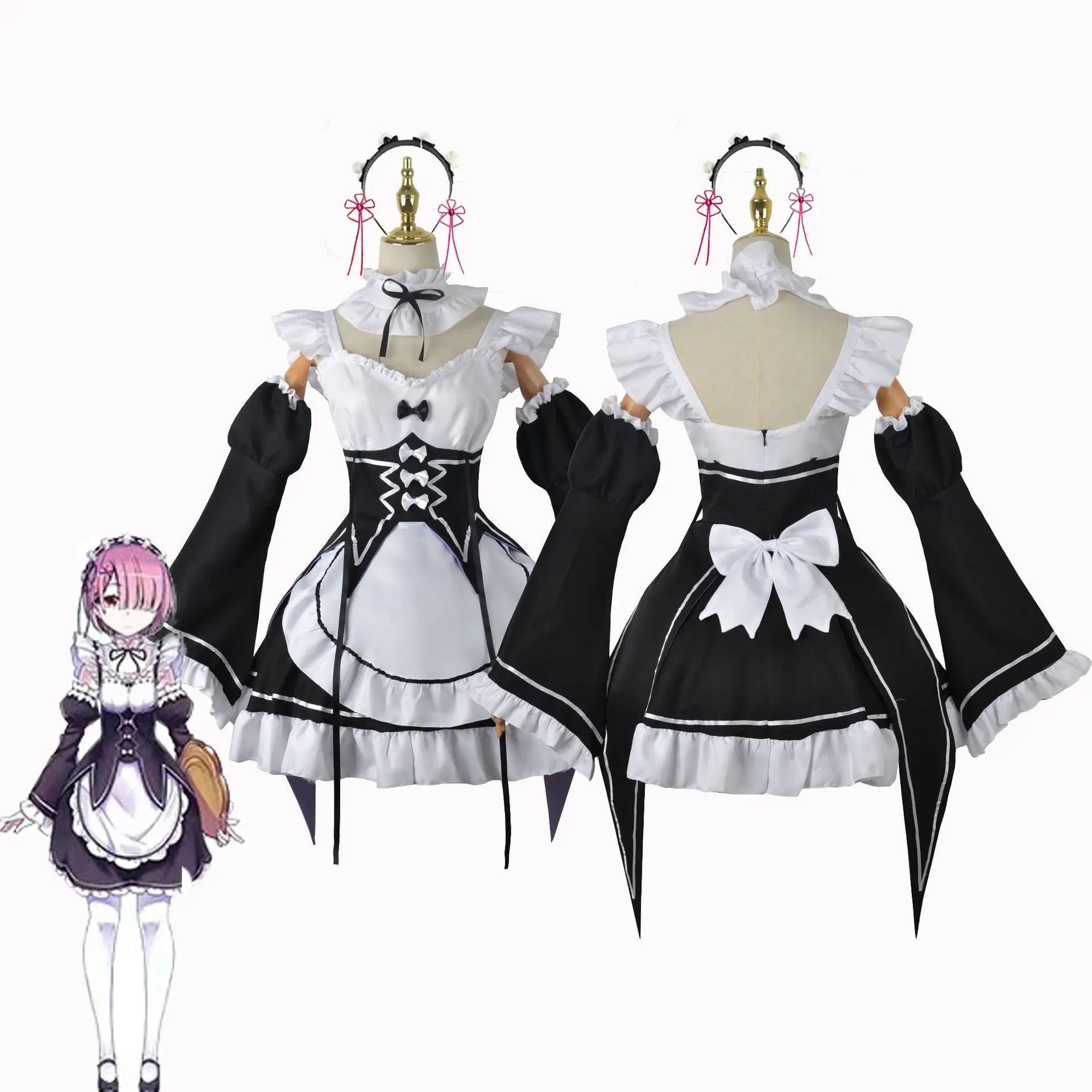 Ram Rem Cosplay Re:zero Kara Hajimeru Isekai Seikatsu Trajes Vestido Cocar Festa Terno Anime Maid Vestido Traje