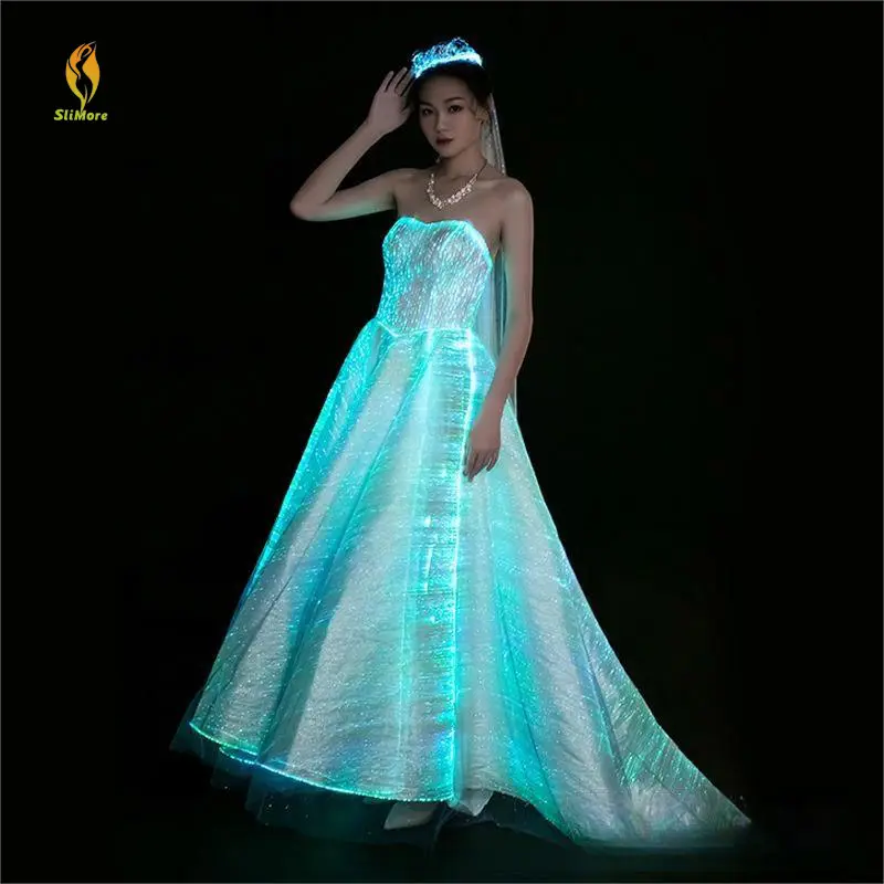 महिला के विलासिता के कपड़ों की रोशनी में रोशनी से जगमगा रही शाम की पोशाक pmma फाइबर ऑप्टिक वेडिंग ड्रेस