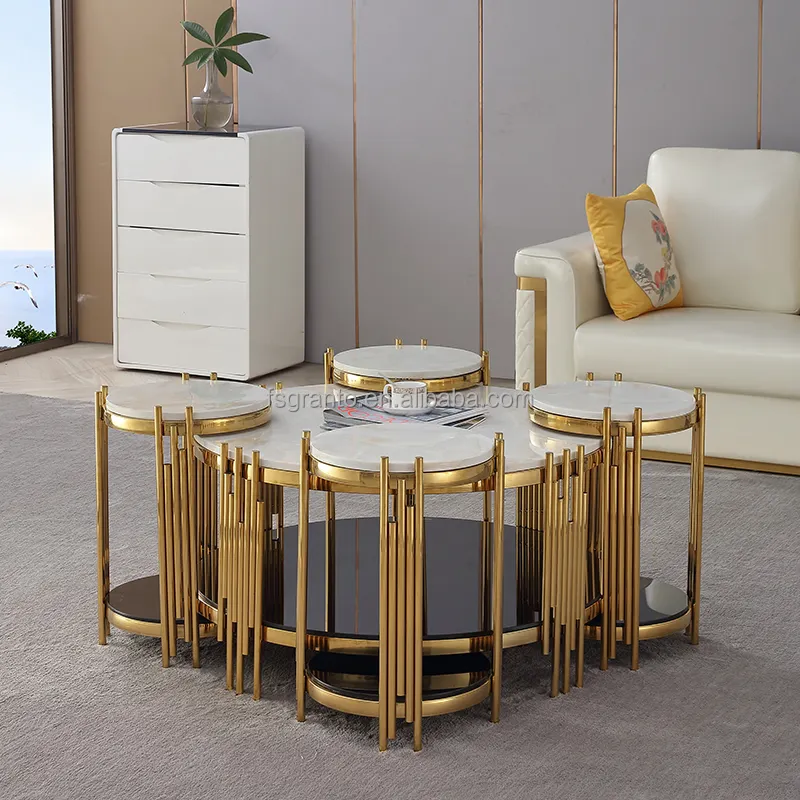 Luxe Marmeren Tafel Set Woonkamer Salontafel Set Roestvrij Stalen Meubelen