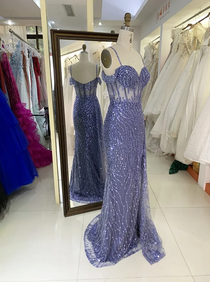 2023 poussiéreux bleu paillettes hors épaule sans manches sirène corset fermeture éclair dos bal soirée femmes robes