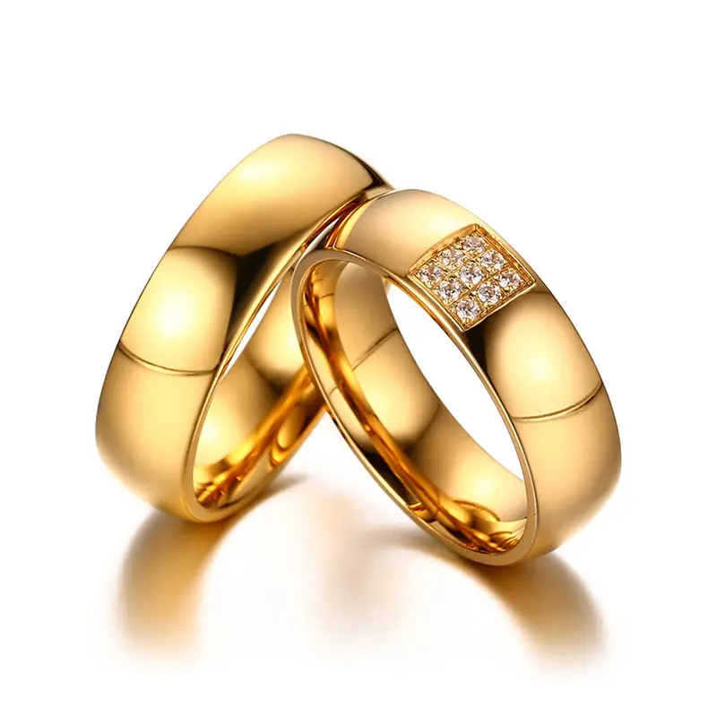 6MM Wedding Ring Couple Jewelry Gold Plated Stainless Steel Diamond Rings