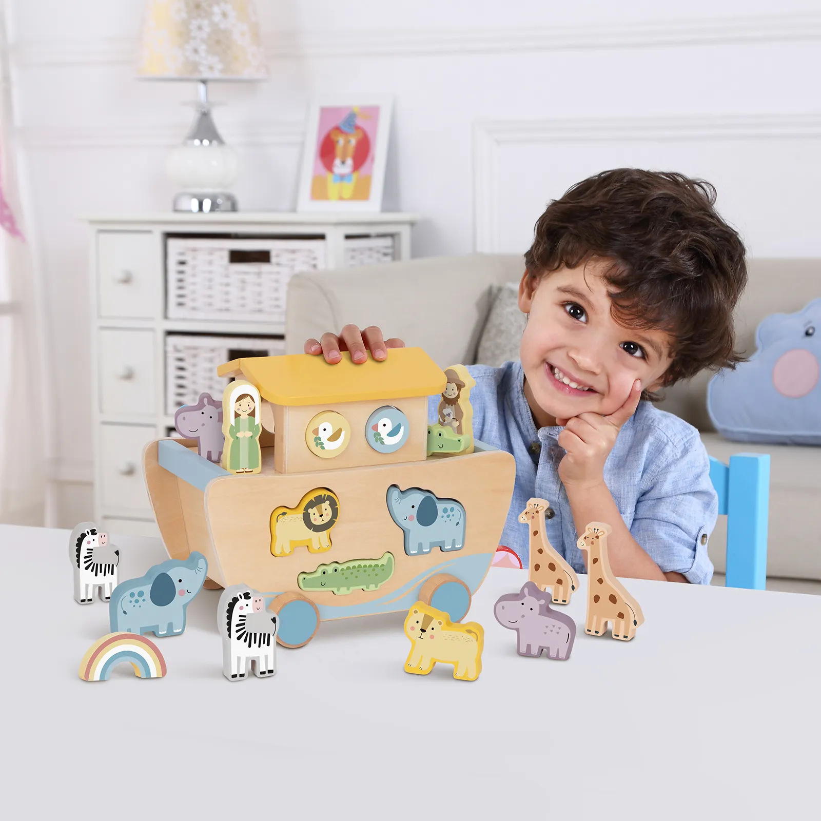 Nuevo diseño de juguetes de madera Noah's Ark Game animal Block shape sorter Ship play juguete educativo para niños