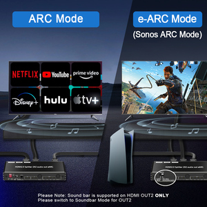 2 En 2 salidas HDMl 2,0 Splitter 2x2 4K HDMI Splitter compatible con 4K @ 60 4:4:4 8bit HDR, salida de escalador Salida de audio ARC/eARC para barra de sonido