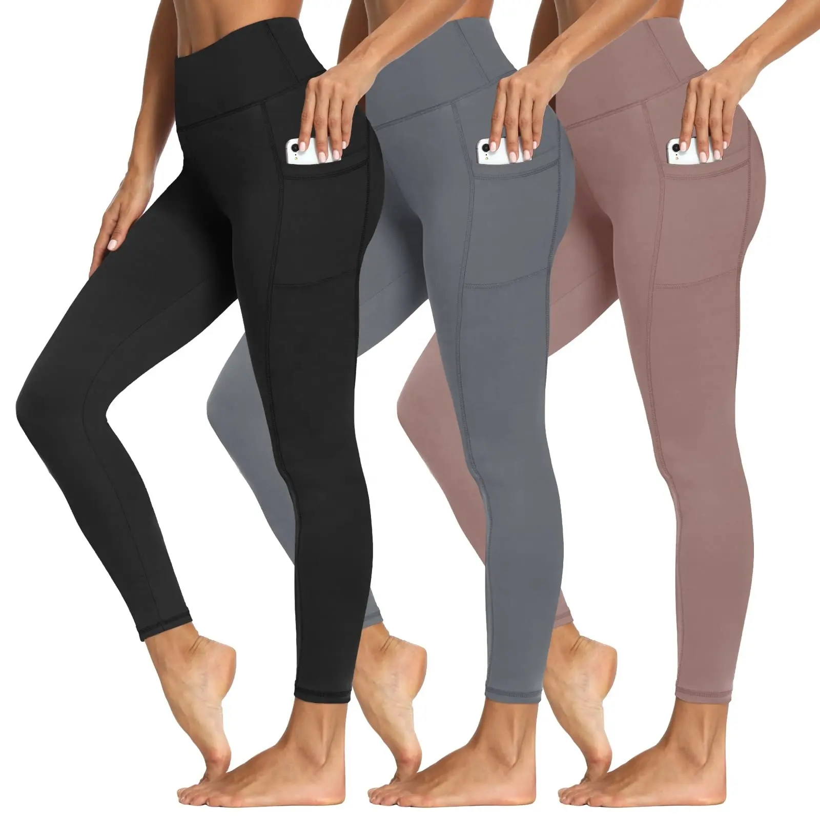 Venta al por mayor de talle alto personalizado deportes entrenamiento Yoga pantalones Leggings para mujeres poliéster suave gimnasio Fitness Leggings con bolsillo