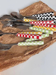 欢乐餐具平板餐具用瓷柄彩色平板餐具格子平板套装 - Product Image 3
