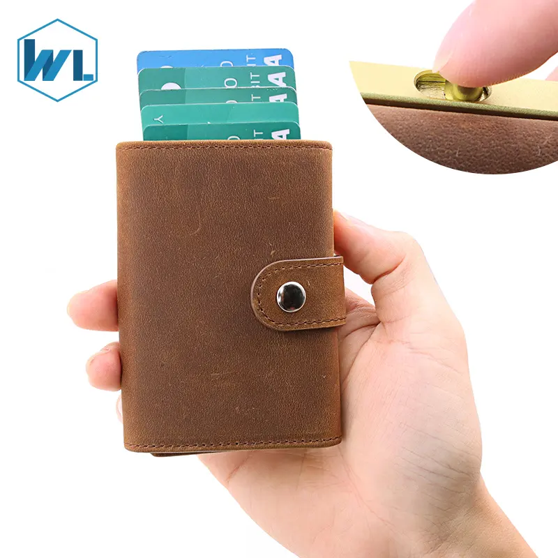 Tri- fold Pop Up Metal Clip Handmade Leather Wallets Credit Card Wallet Zipper Coin Purse Cowhide Leather Money Clip Wallet