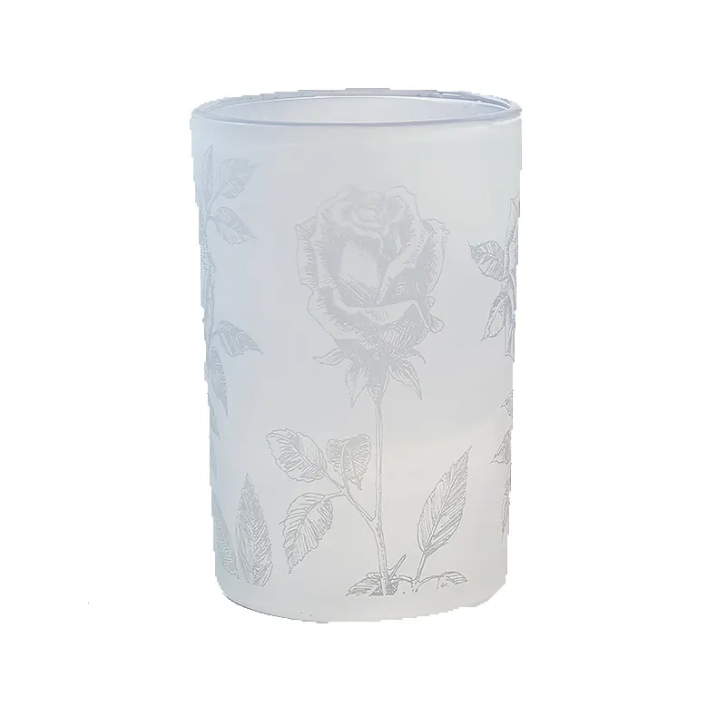 Wholesale customized frosted sky blue color laser engrave flowers pattern candle jar holder with wooden lid