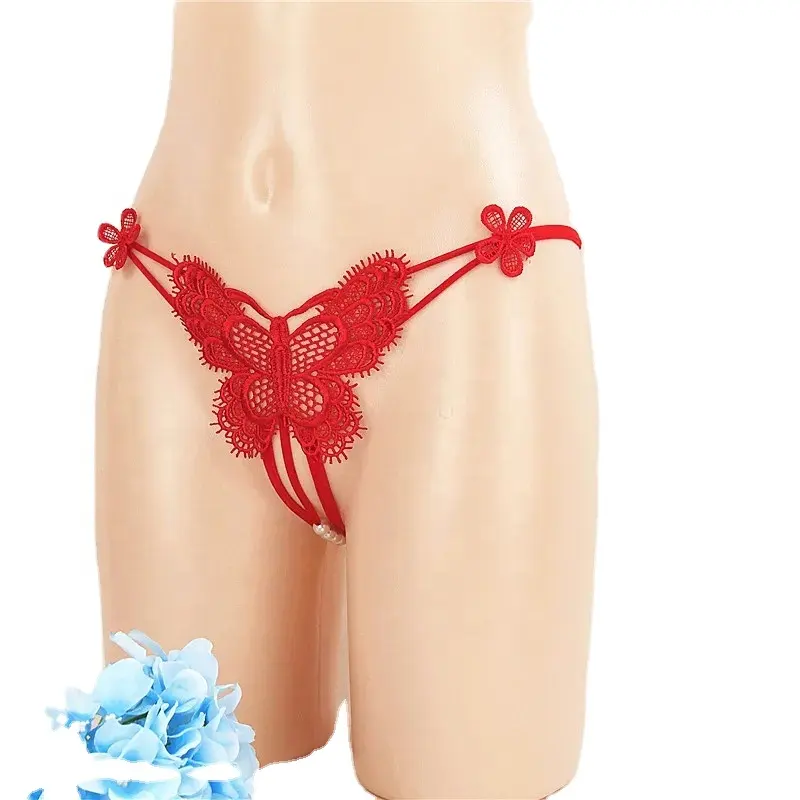 Mini string sans entrejambe avec papillon de danse perlée et massage sexy pour femmes