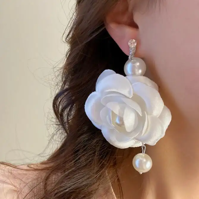 Kaimei-pendientes de tela coreana con flor de Camelia Blanca y Perla de diamante, joyería de moda, 2022