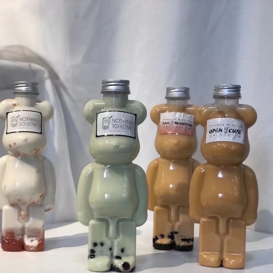 400ML 500ML 700ML trasparente forma di orso per animali domestici bottiglia di tè monouso succo di frutta bottiglia per bevande con coperchio in alluminio