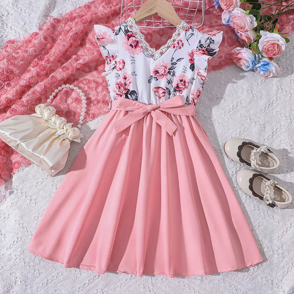 卸売10代の女の子服vネック花柄ボディスピンクスカート6-12年花びら袖女の子カジュアルドレス
