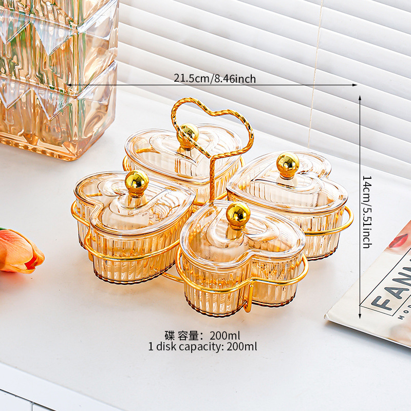 Amber 4-compartment heart-shaped dish holder with gold beads