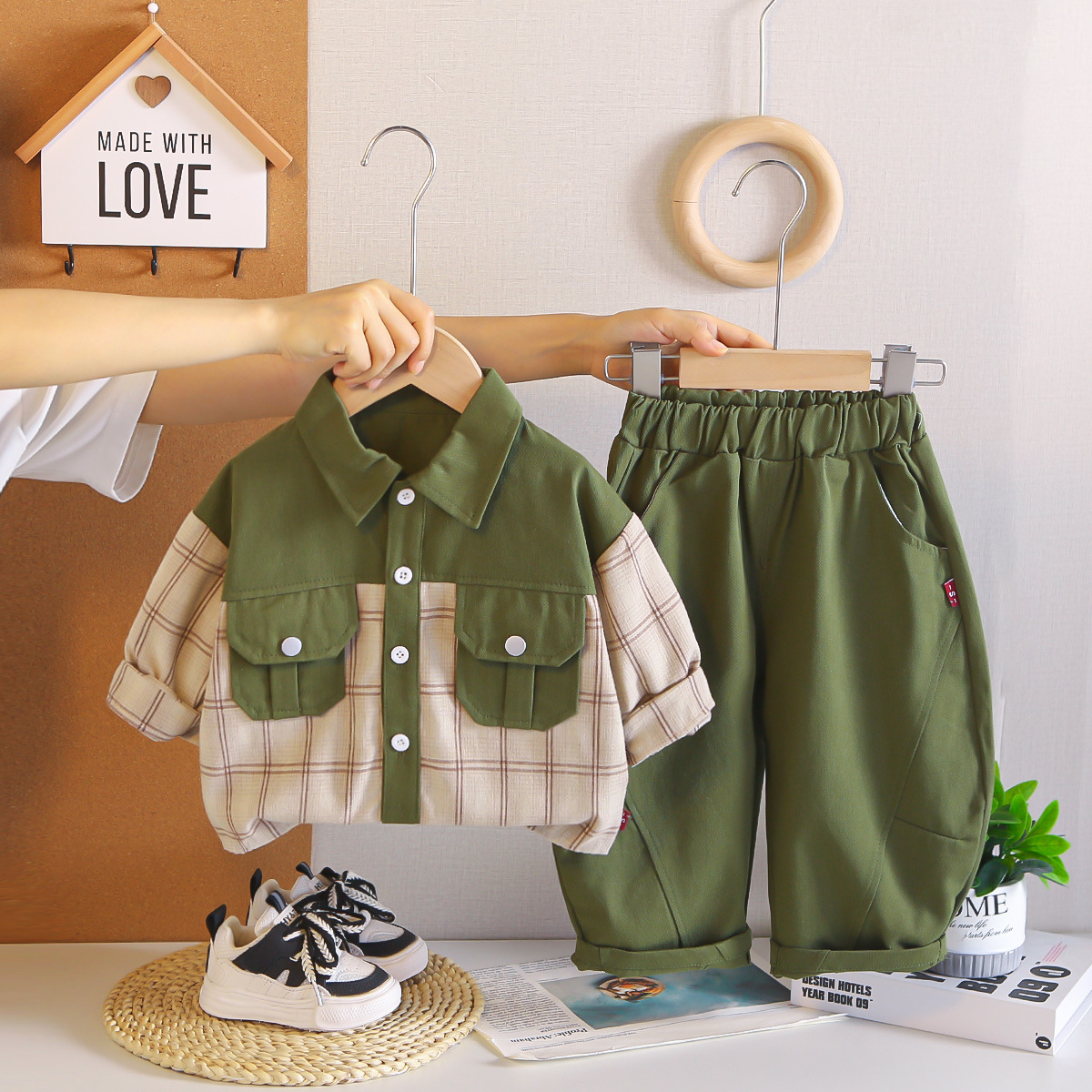 Chemise de travail à manches longues, couleur assortie, vert