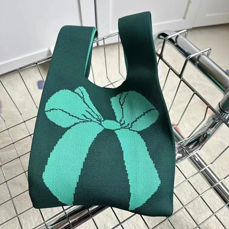 Sacola com laço verde escuro com nó de malha, sacola de tecido de algodão orgânico com estampa personalizada, novo design