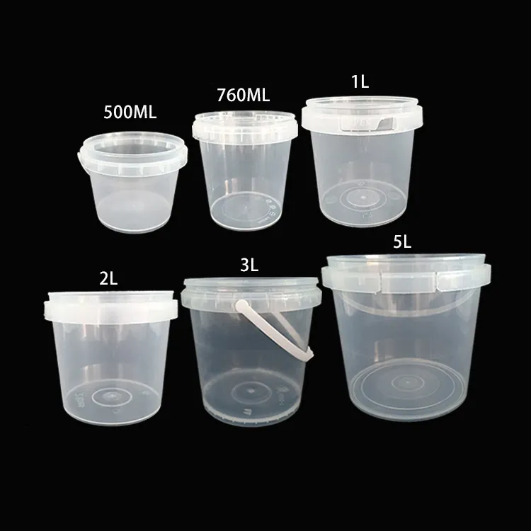 500ml 1L2L3L5L White Clear Plastic Round Buckets With Lids And Handle Food Grade Packing Bucket Factory Supply