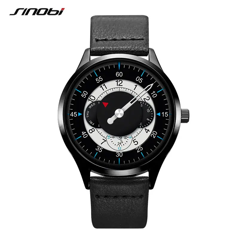 SINOBI 9815 Nouvelle Arrivée Hommes Montres Créative Platine Montre Homme Design Bracelet En Cuir Quartz Montres Date Semaine Horloge