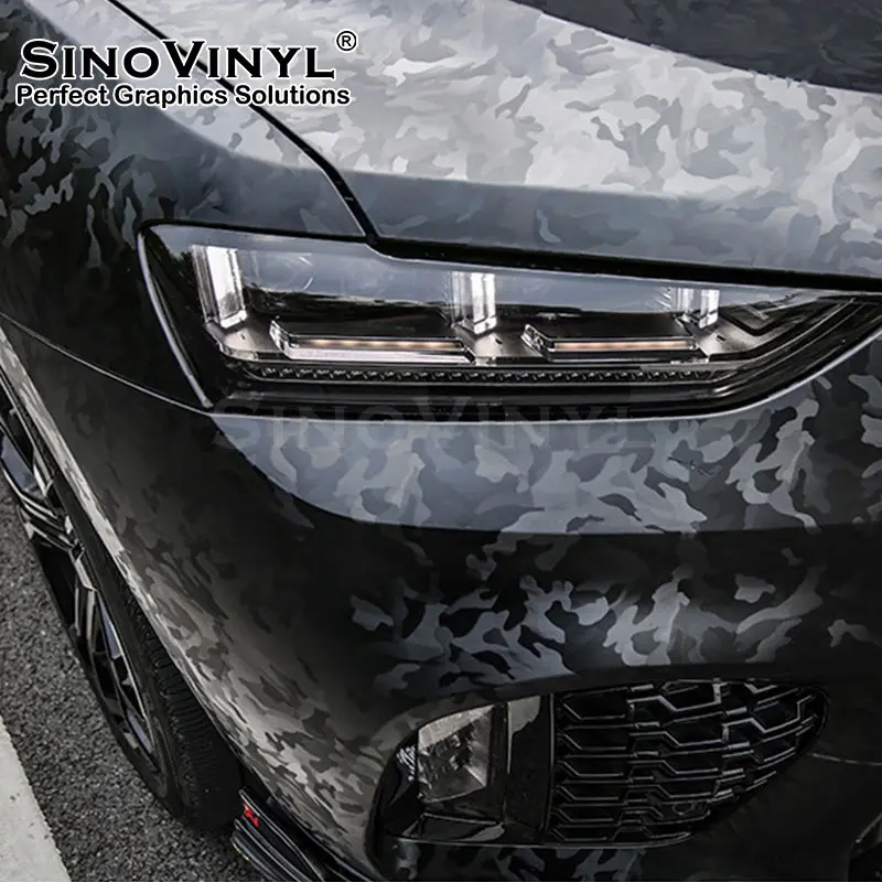 SINOVINYL الجملة مصنع الفينيل الأغطية سيارة الجسم ملصق ألياف الكربون 3D نمط التمويه كامو الشبح الأسود سيارة شريط تغليف فينيل