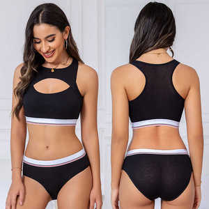 Bralette deportivo cómodo sin costuras para mujer y conjunto de bragas G-String con cuello en V Sexy Push-Up con logotipo personalizado en la Copa patrón sólido - Product Image 1