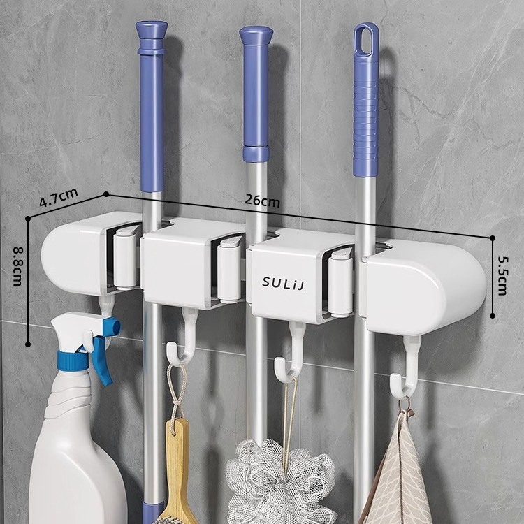 Adhesive Mop Holder - Ivory White - 3 Clips & 4 Hooks