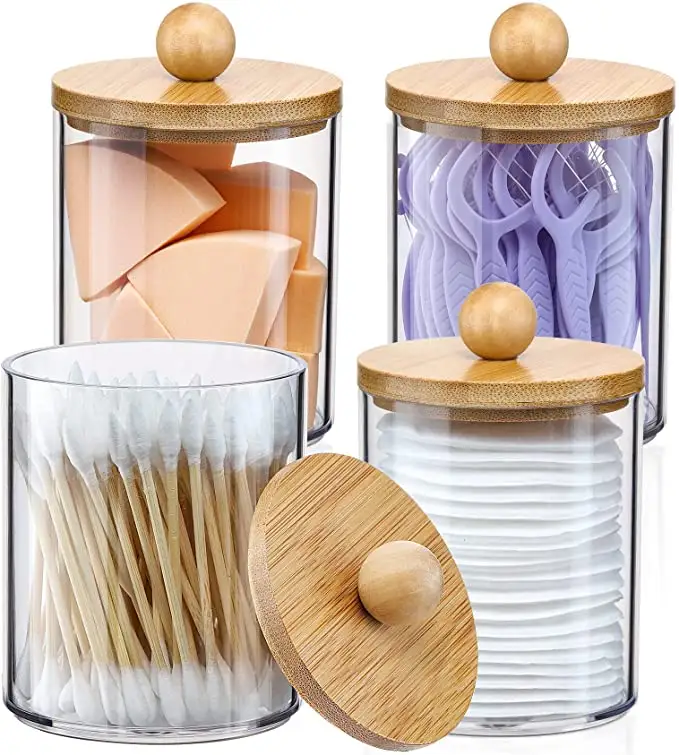 Dispensador de acrílico com tampas de bambu, recipientes de plástico transparente para organizar maquiagem